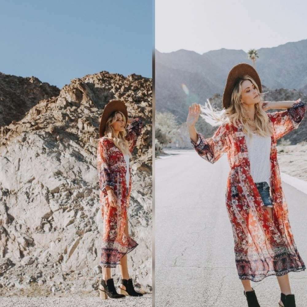 IDYL Duster Floral Berry Red Maxi Sheer NWT HPx3 - Picture 6 of 12